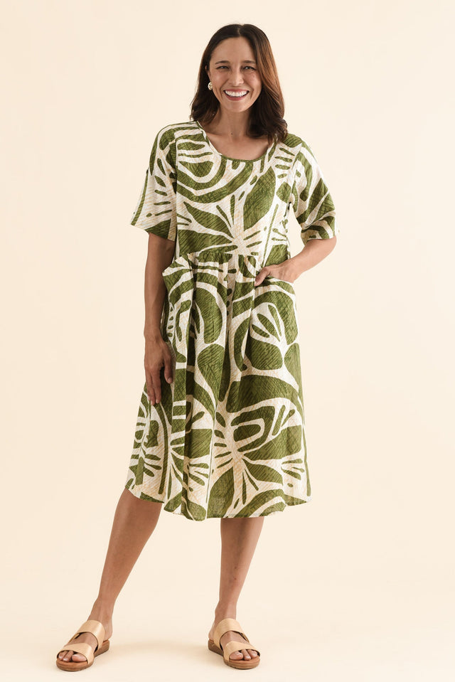 Mackie Olive Abstract Cotton Pocket Dress,Front,Brunette model,alt text|model:Cara