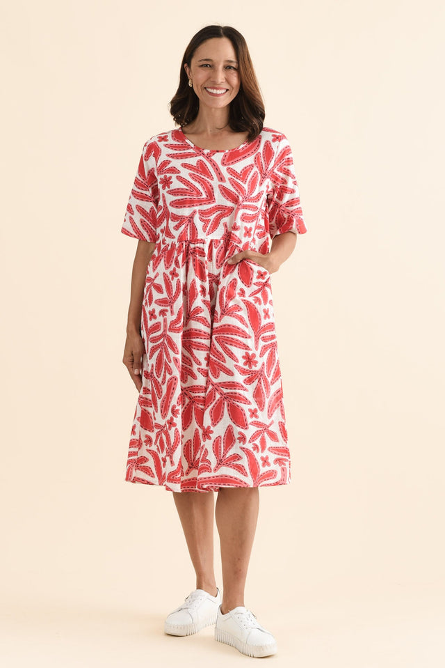 Mackie Red Garden Cotton Pocket Dress,Full Body,Brunette model,alt text|model:Cara