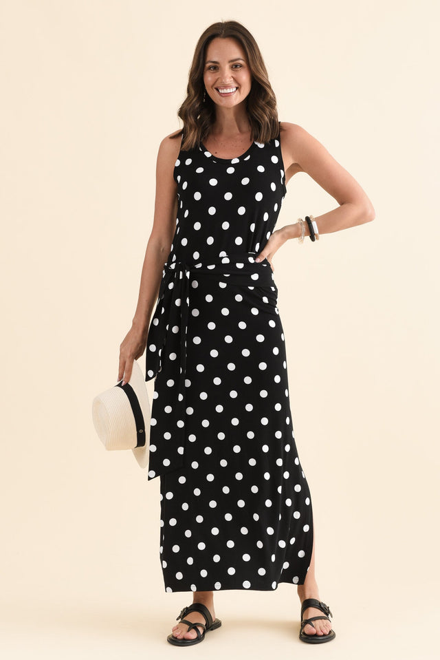 Macy Black Spot Bamboo Maxi Tie Dress,Front,Brunette model,alt text|model:MJ image 1