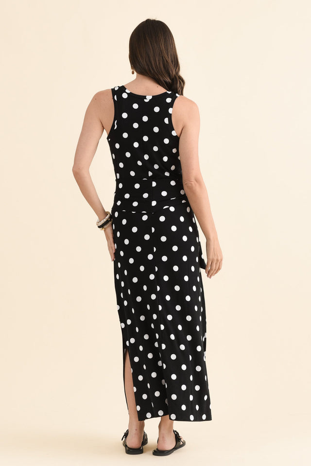 Macy Black Spot Bamboo Maxi Tie Dress,Back,Brunette model,alt text|model:MJ image 4