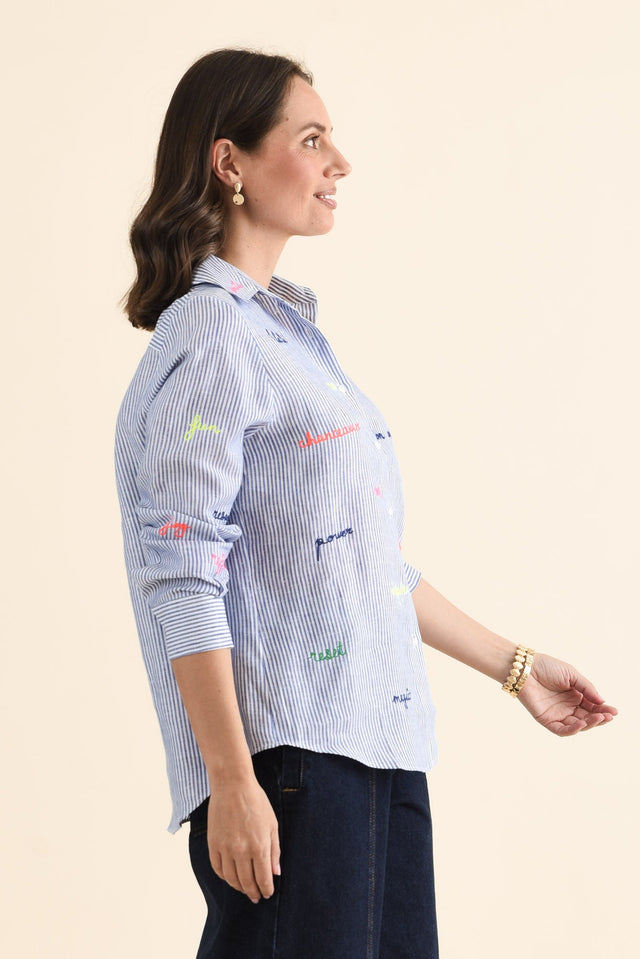 Mafalda Blue Stripe Linen Shirt,brunette model,Side of Outfit,alt text|model:MJ image 3