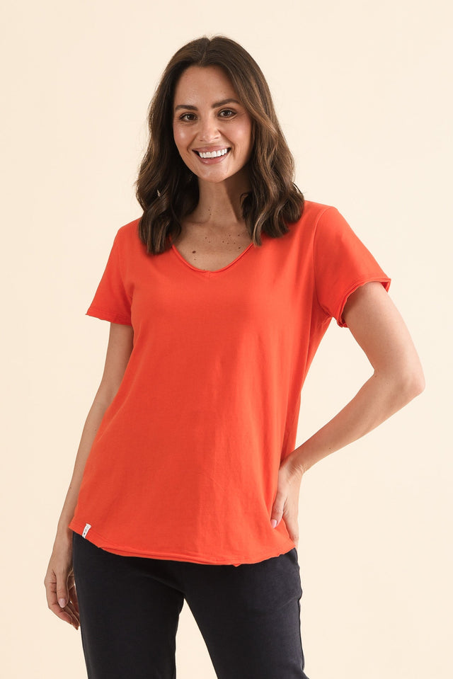Maggie Bright Red Cotton Vee Tee,Front,Brunette model,alt text|model:MJ image 1