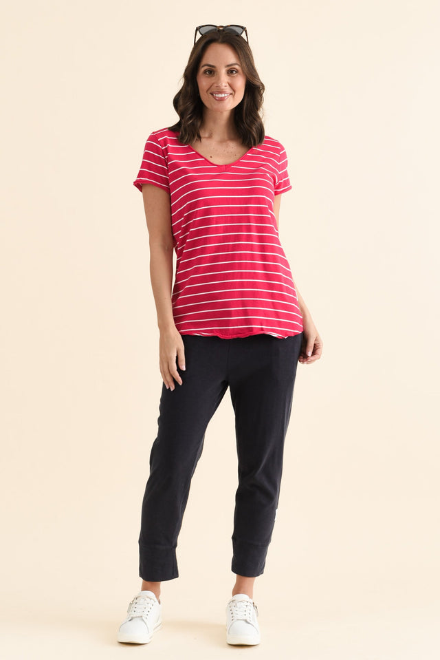 Maggie Fuchsia Stripe Cotton Vee Tee,brunette model,Full Outfit,alt text|model:MJ image 6