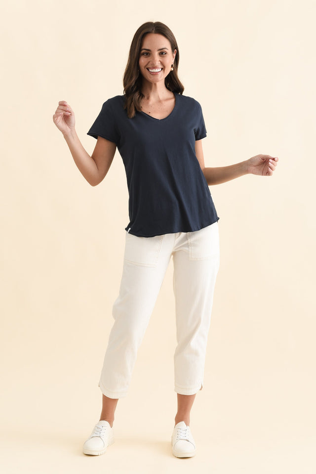 Maggie Navy Cotton Vee Tee,Brunette model,alt text|model:MJ image 7