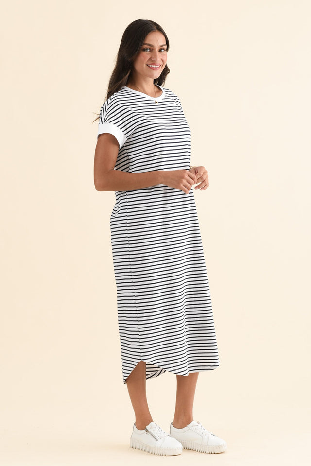 Maggie Navy Stripe Cotton T-Shirt Dress,Side,Brunette model,alt text|model:Brontie image 3
