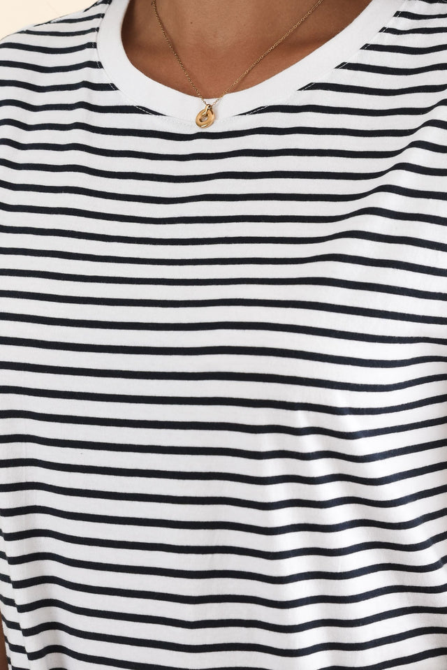Maggie Navy Stripe Cotton T-Shirt Dress,Detail,Brunette model,alt text|model:Brontie image 5