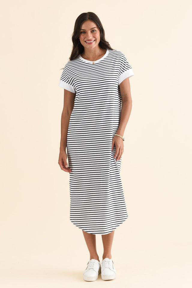 Maggie Navy Stripe Cotton T-Shirt Dress,Full Body,Brunette model,alt text|model:Brontie