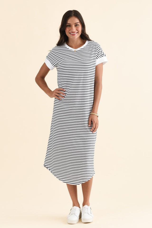 Maggie Navy Stripe Cotton T-Shirt Dress,Front,Brunette model,alt text|model:Brontie
