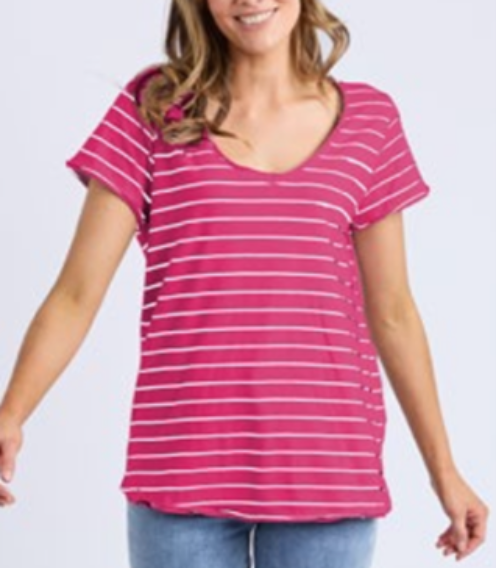 Maggie Fuchsia Stripe Cotton Vee Tee,REF image 1