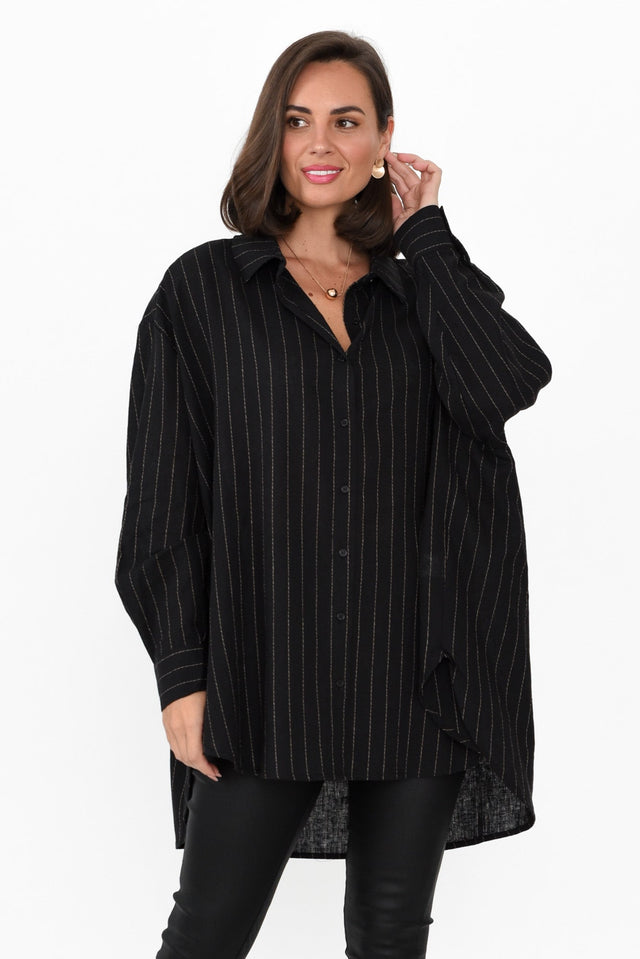 Malena Black Pinstripe Collared Shirt neckline_V Neck print_Stripe sleevetype_Straight length_Long hem_Curved sleeve_Long TOPS  alt text|model:MJ;wearing:S/M