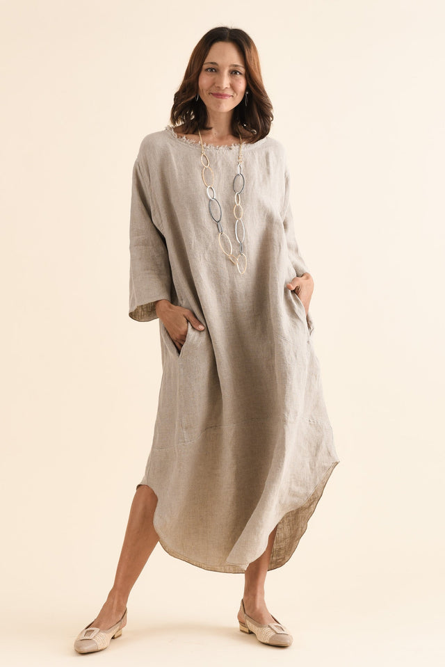 Malik Natural Linen Frayed Dress,Full Body,Brunette model,alt text|model:Cara image 2