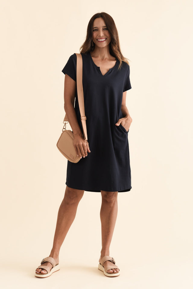 Mandy Navy Cotton Tee Dress,Brunette model,alt text|model:Cara