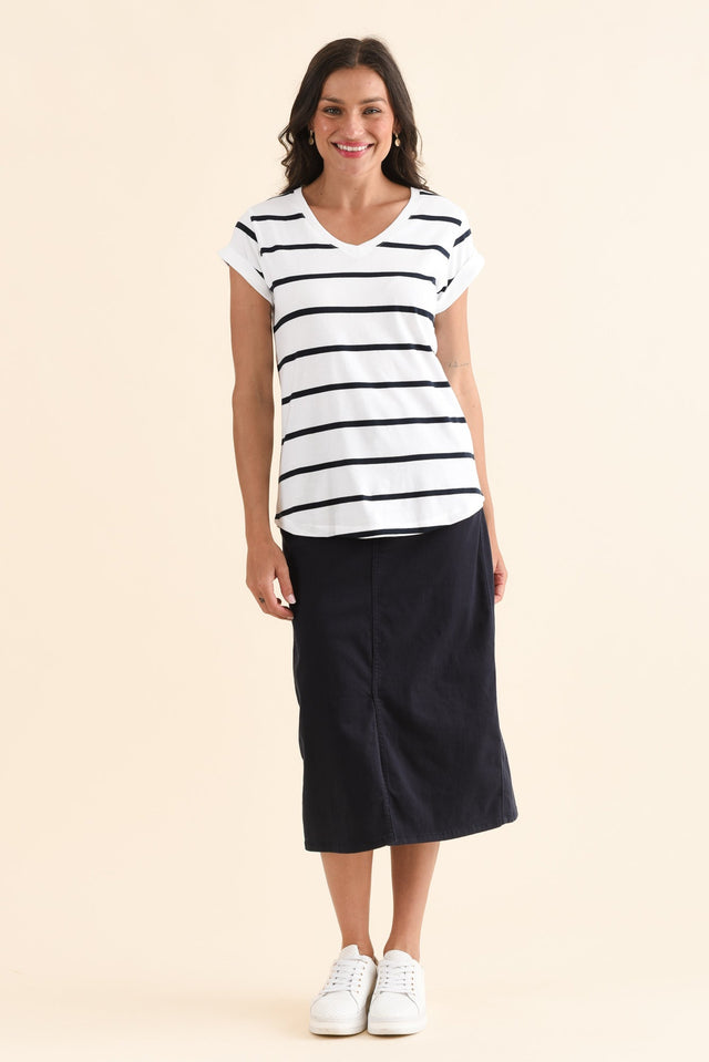Manly White Stripe Cotton Vee Tee,Full Body,Brunette model,alt text|model:Brontie image 6