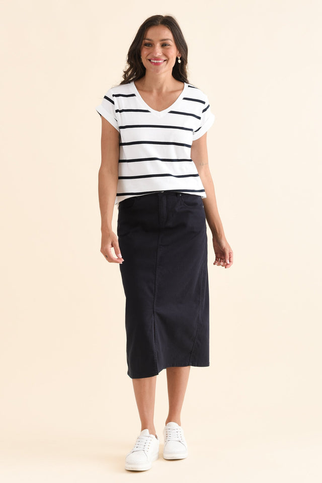 Manly White Stripe Cotton Vee Tee,Full Body,Brunette model,alt text|model:Brontie