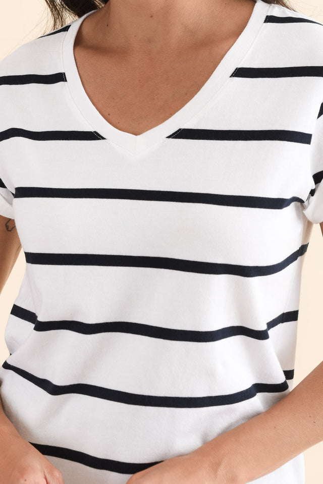 Manly White Stripe Cotton Vee Tee,Detail,Brunette model,alt text|model:Brontie image 5