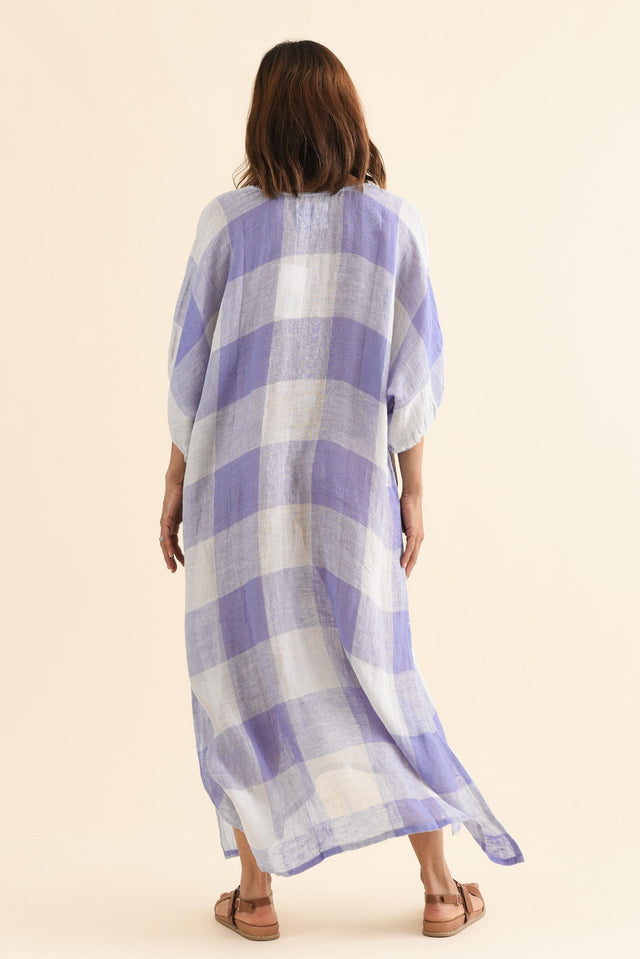 Marcel Blue Check Linen Dress,Back,Brunette model,alt text|model:Cara image 4