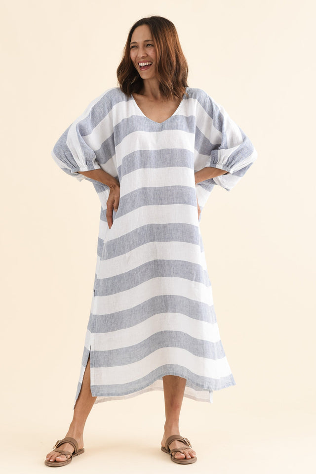 Marcel Steel Stripe Linen Dress,Full Body,Brunette model,alt text|model:Cara image 6