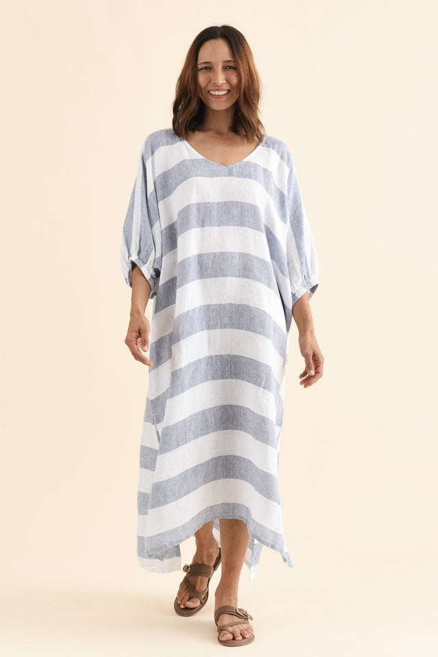 Marcel Steel Stripe Linen Dress,Front,Brunette model,alt text|model:Cara image 1