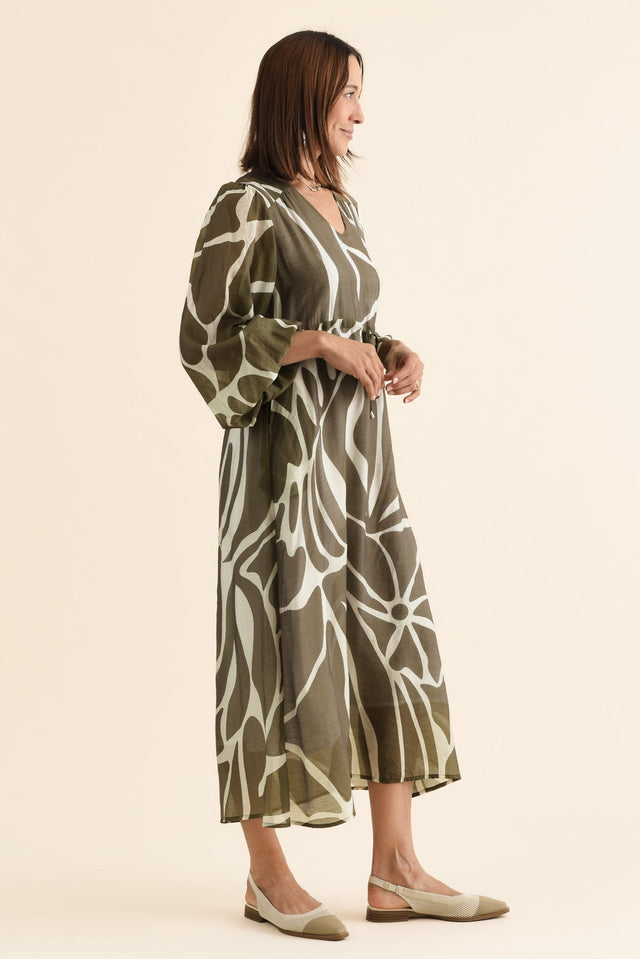 Mareli Khaki Abstract Tie Dress,Side,Brunette model,alt text|model:Cara image 3