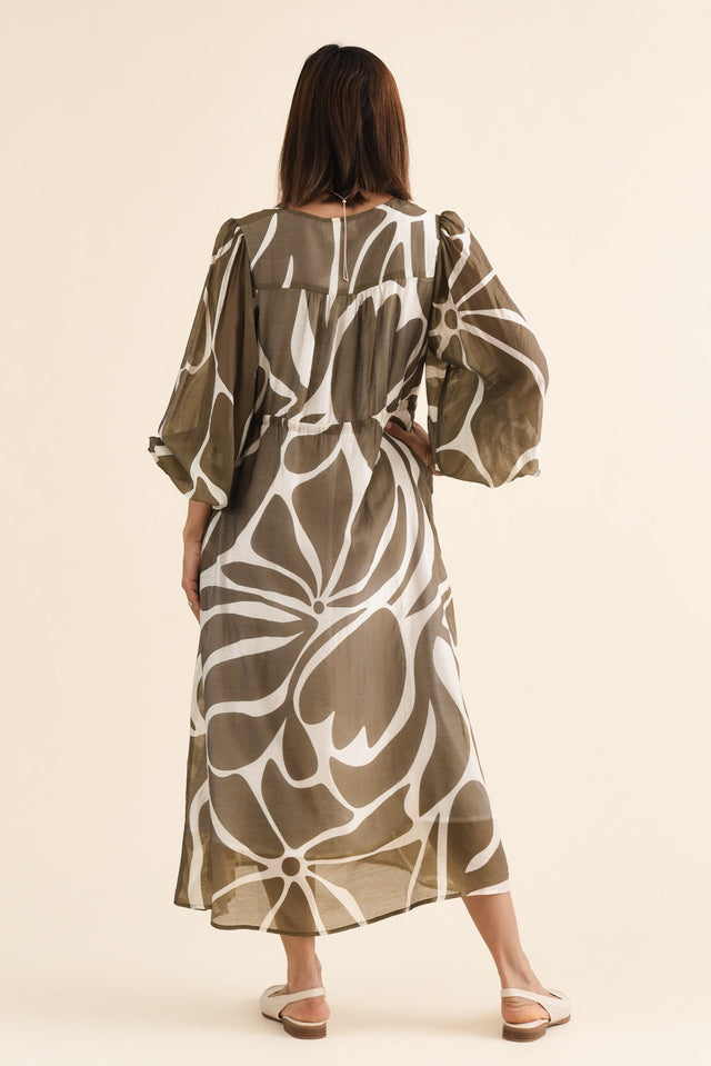 Mareli Khaki Abstract Tie Dress,Back,Brunette model,alt text|model:Cara image 4