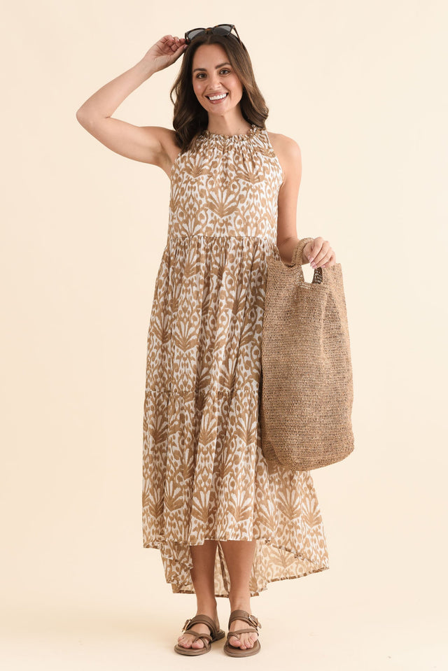 Margot Taupe Motif Sleeveless Dress,Front,Brunette model,alt text|model:MJ image 1