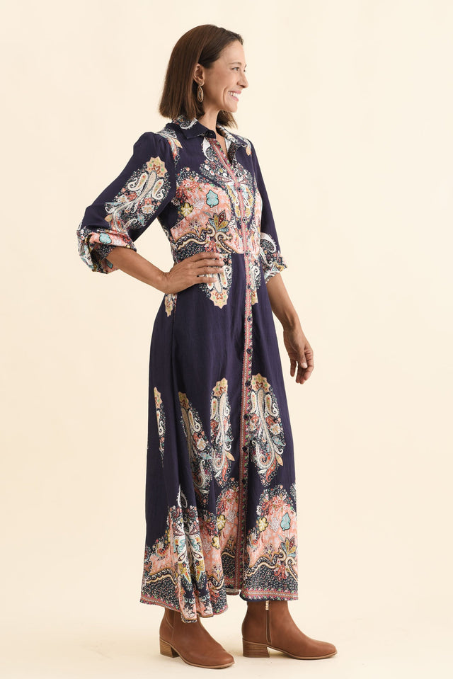 Marina Navy Mosaic Linen Cotton Dress,Brunette model,alt text|model:Cara image 5
