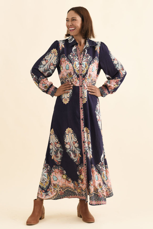 Marina Navy Mosaic Linen Cotton Dress,Brunette model,alt text|model:Cara image 8