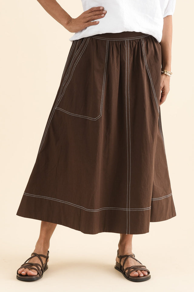 Marion Chocolate Contrast Cotton Skirt,Front,Brunette model,alt text|model:Cara image 1