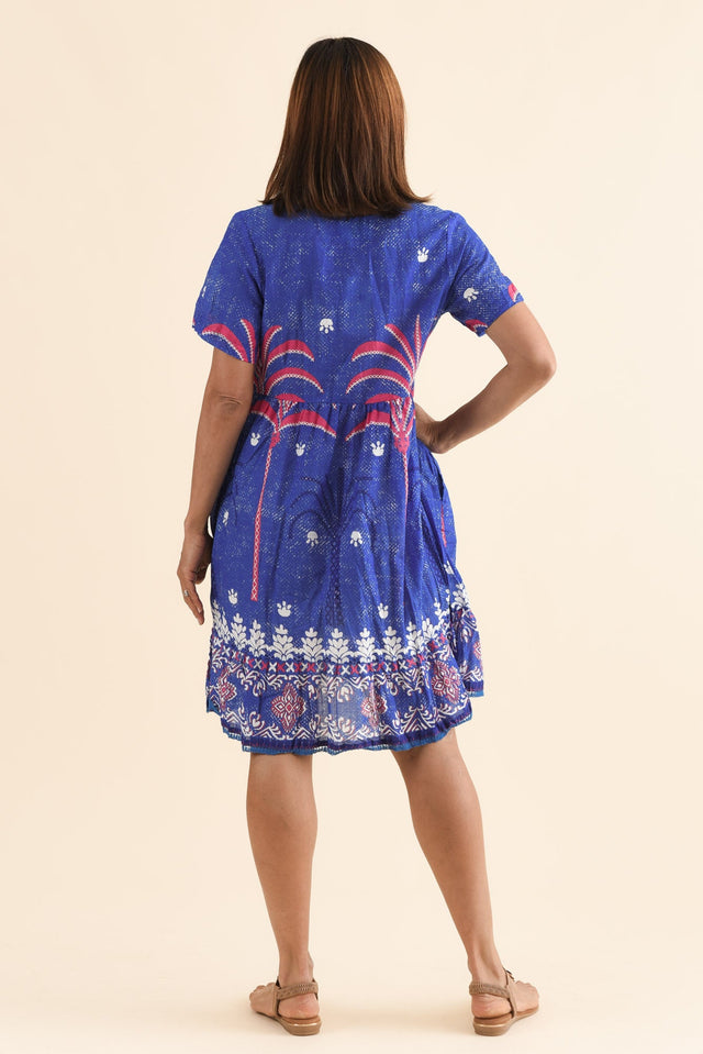 Marisol Cobalt Tropical Crinkle Cotton Dress,Back,Brunette model,alt text|model:Cara image 4