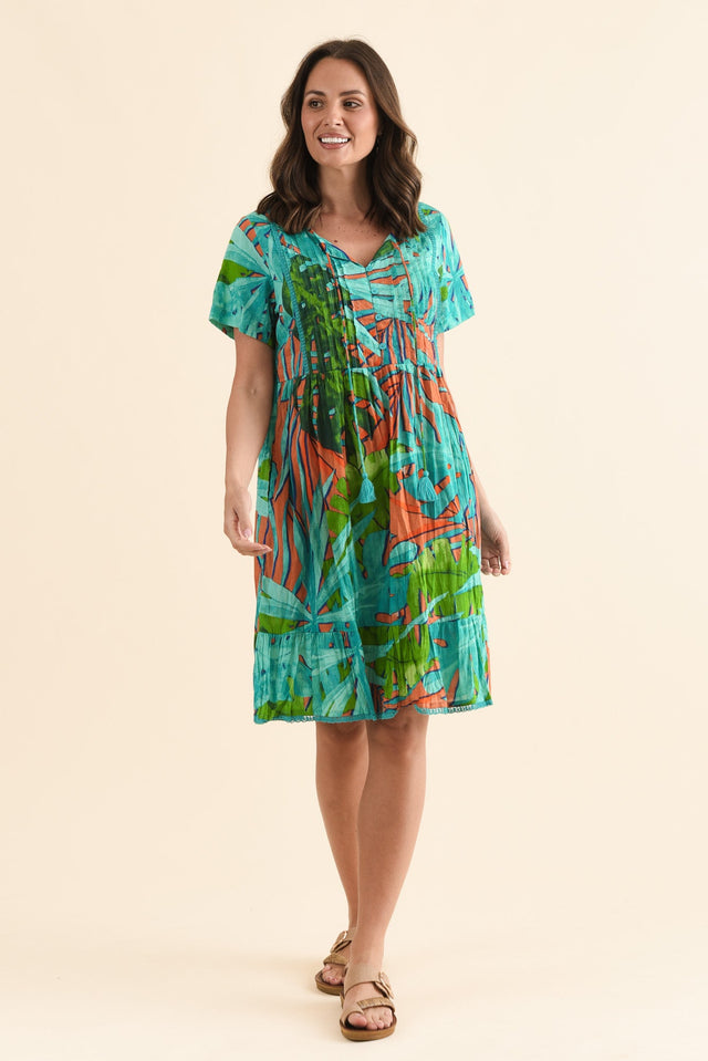 Marisol Teal Leaf Crinkle Cotton Dress,Full Body,Brunette model,alt text|model:MJ