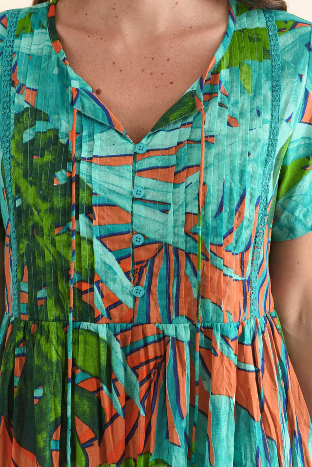Marisol Teal Leaf Crinkle Cotton Dress,Detail,Brunette model,alt text|model:MJ image 6