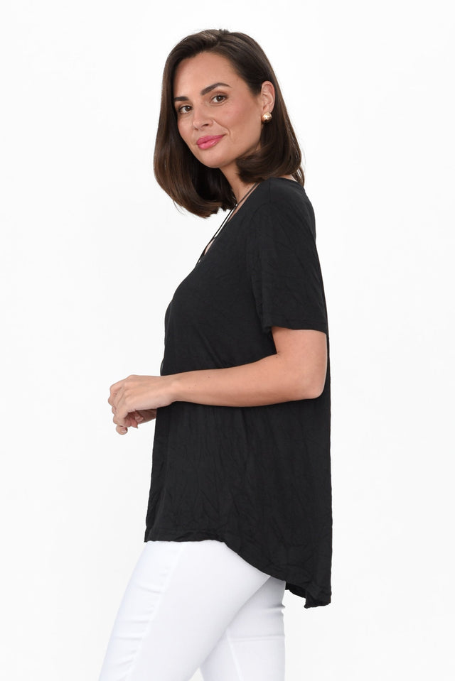 Marley Black Crinkle Cotton Short Sleeve Top