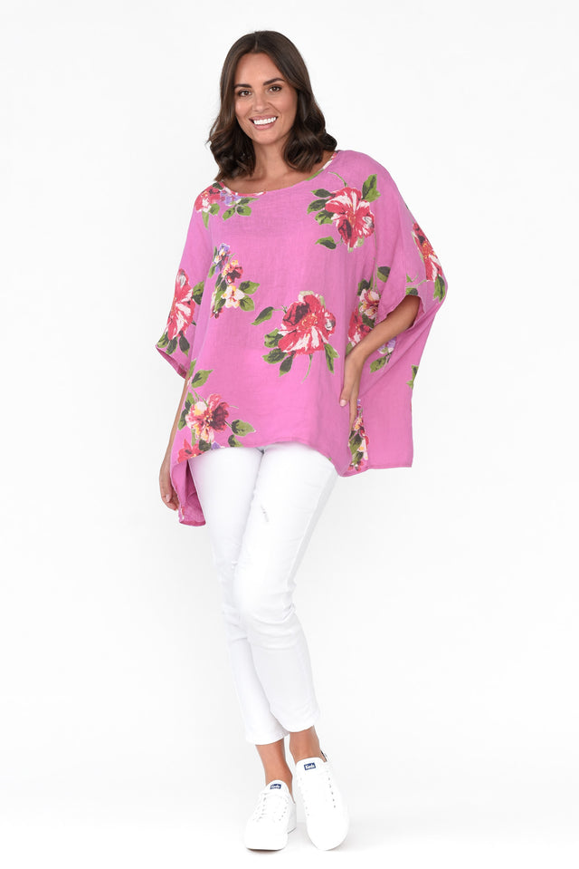 Martine Pink Flower Linen Top