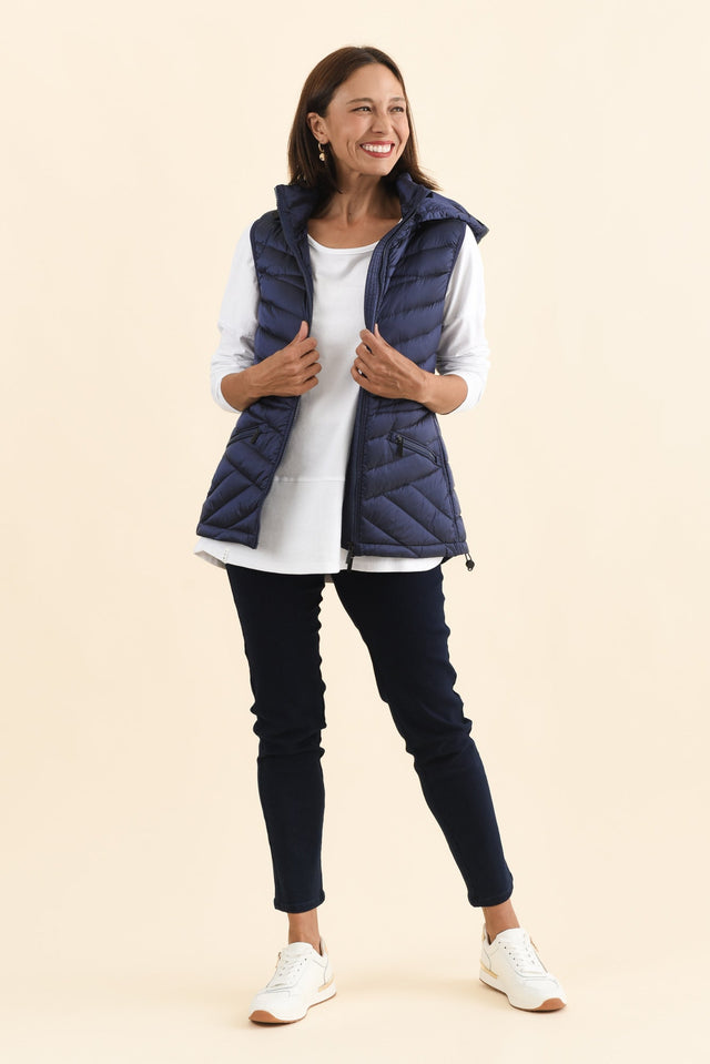 Maryclaire Navy Down Puffer Vest,Brunette model,alt text|model:Cara image 4