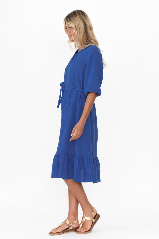 Mattea Blue Linen Ruffle Dress