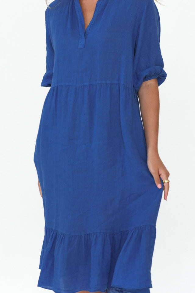 Mattea Blue Linen Ruffle Dress
