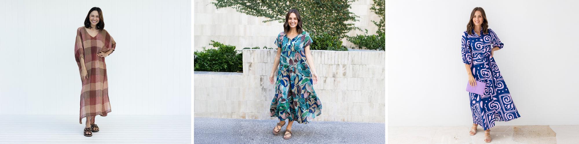 Smiling brunette women in a variety of print maxi dresses.