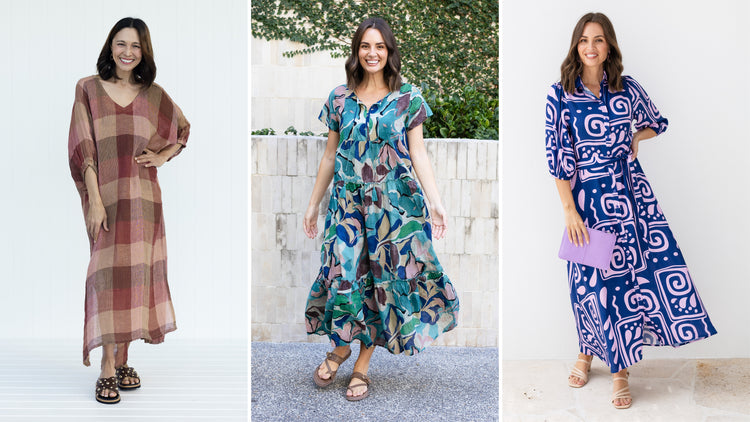 Smiling brunette women in a variety of print maxi dresses.