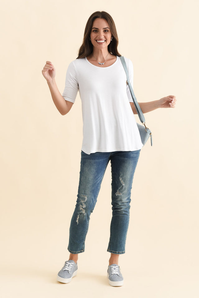 Maya White Half Sleeve Tee,Brunette model,alt text|model:MJ image 8