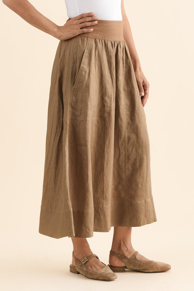 Mayan Tan Linen Pocket Skirt,Side,Brunette model,alt text|model:Cara image 3