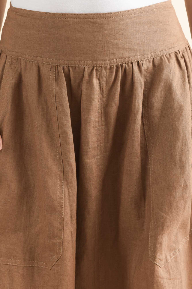 Mayan Tan Linen Pocket Skirt,Detail,Brunette model,alt text|model:Cara image 5