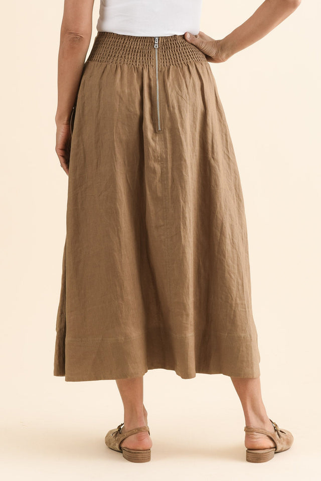 Mayan Tan Linen Pocket Skirt,Back,Brunette model,alt text|model:Cara image 4