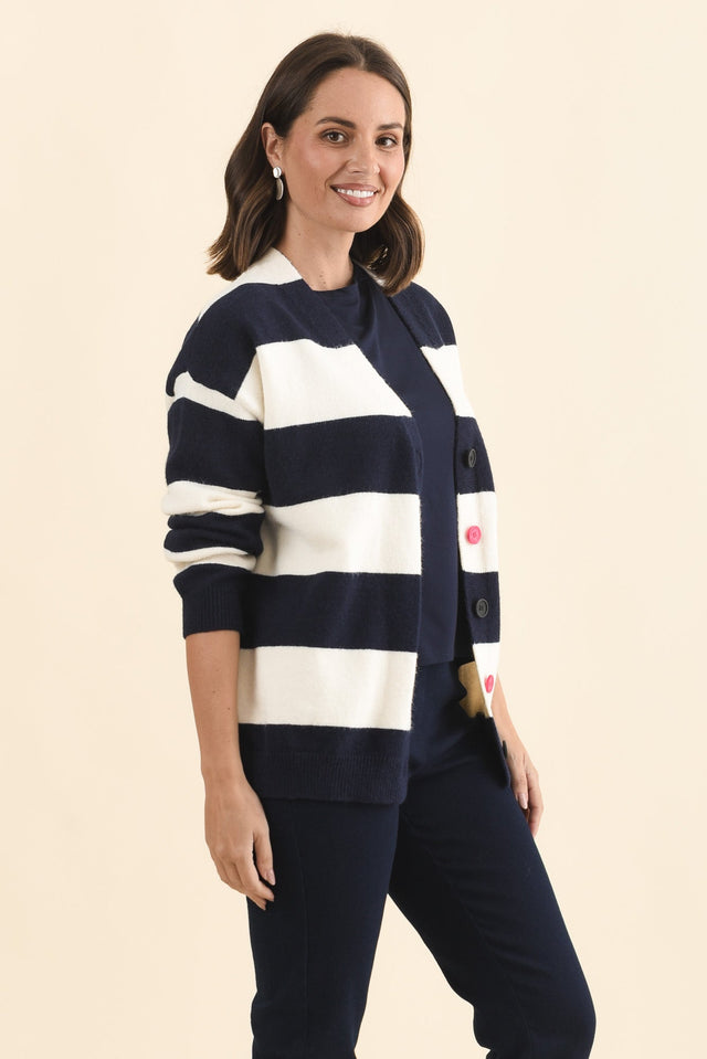 Maybelle Navy Stripe Knit Cardigan,Brunette model,alt text|model:MJ image 4