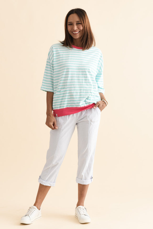 Mazie Light Blue Stripe Cotton Sweat,Full Body,Brunette model,alt text|model:Cara