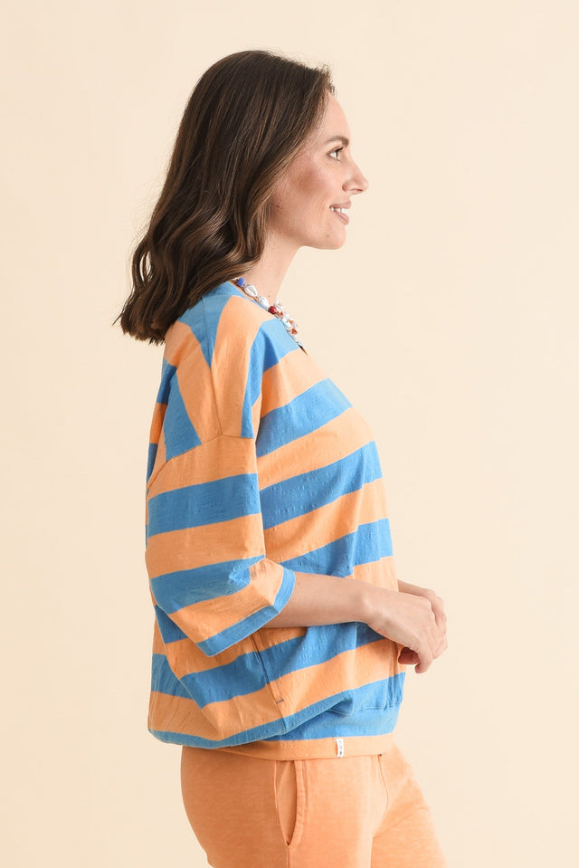 Mazie Peach Stripe Cotton Sweat,Side,Brunette model,alt text|model:MJ image 3