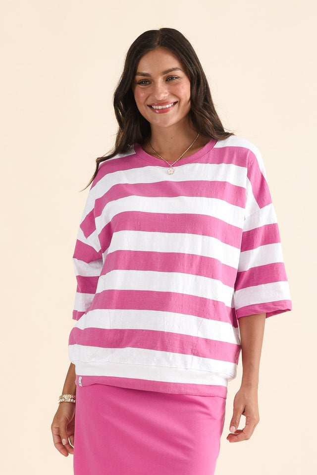 Mazie Pink Stripe Cotton Sweat,Front,Brunette model,alt text|model:Brontie