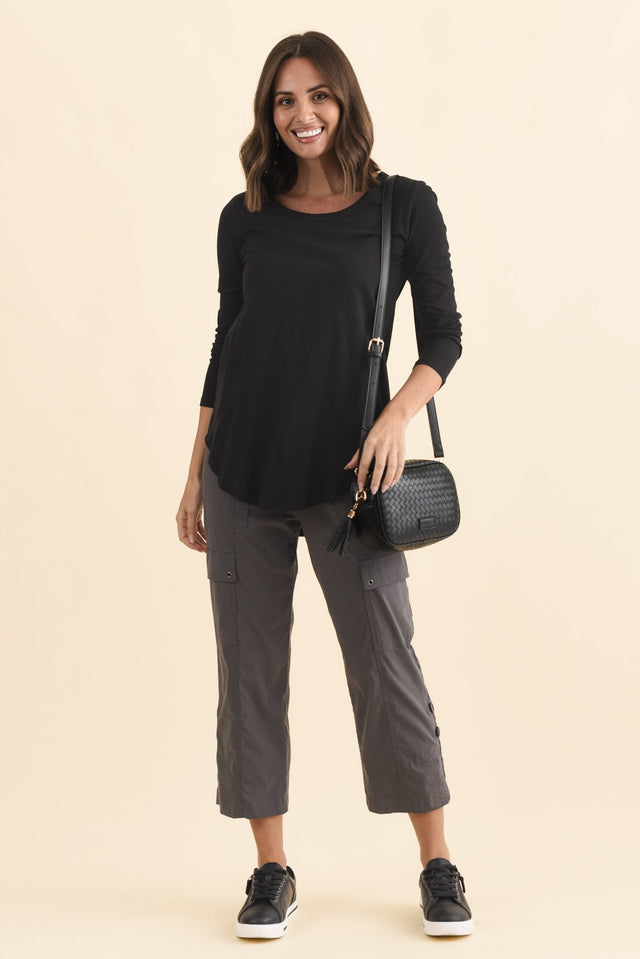 Megan Black Cotton Long Sleeve Top,Brunette model,alt text|model:MJ image 2