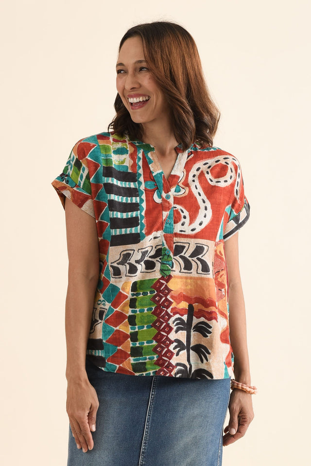 Melda Orange Tropical Organic Cotton Top,Front,Brunette model,alt text|model:Cara image 1