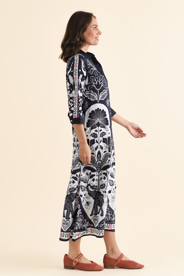 Melita Navy Motif Cotton Shirt Dress,brunette model,Side of Outfit,alt text|model:MJ image 4