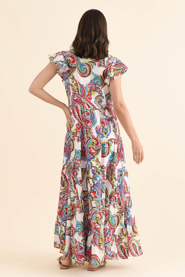 Melody White Paisley Cotton Maxi Dress,Back,Brunette model,alt text|model:MJ image 4